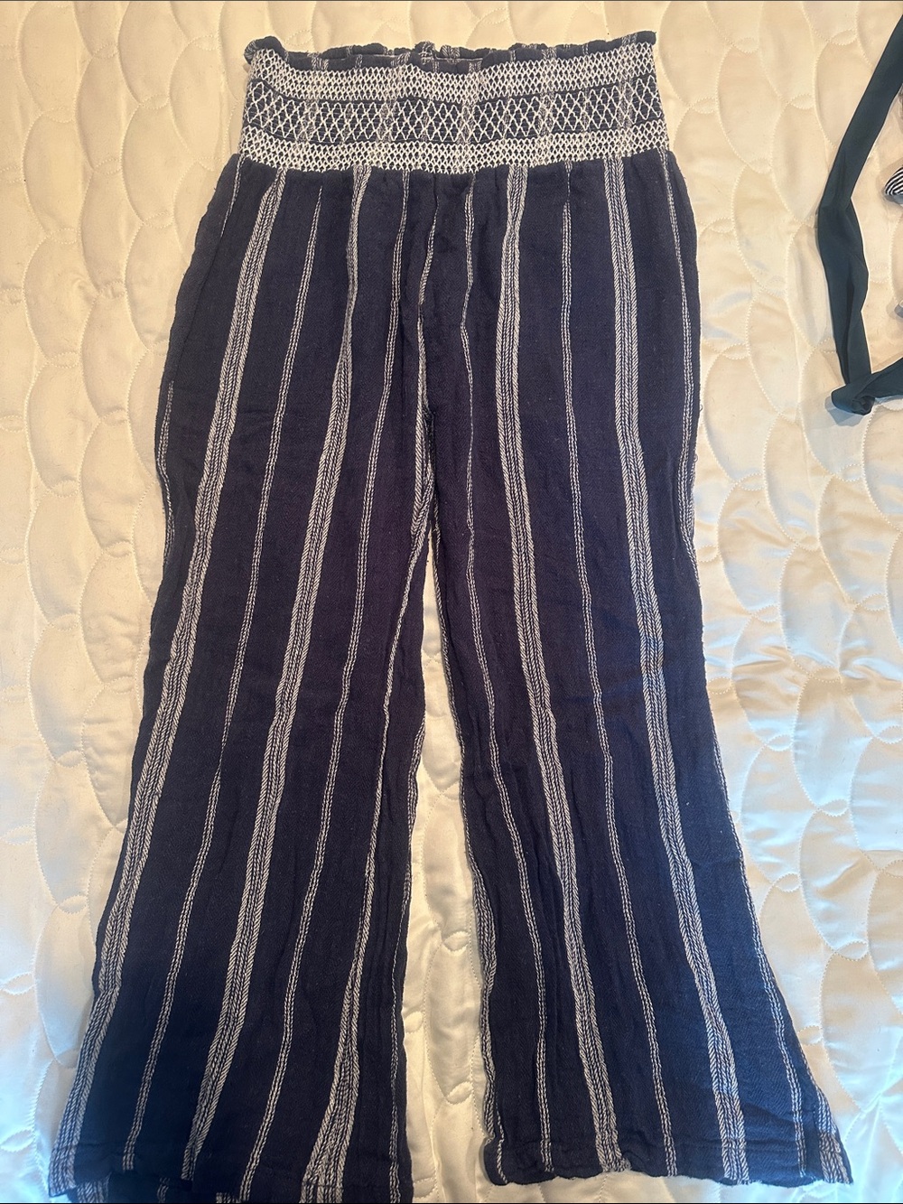 Indigo Rein Navy with White Vertical Stripe Wide-Leg Smocked Pants